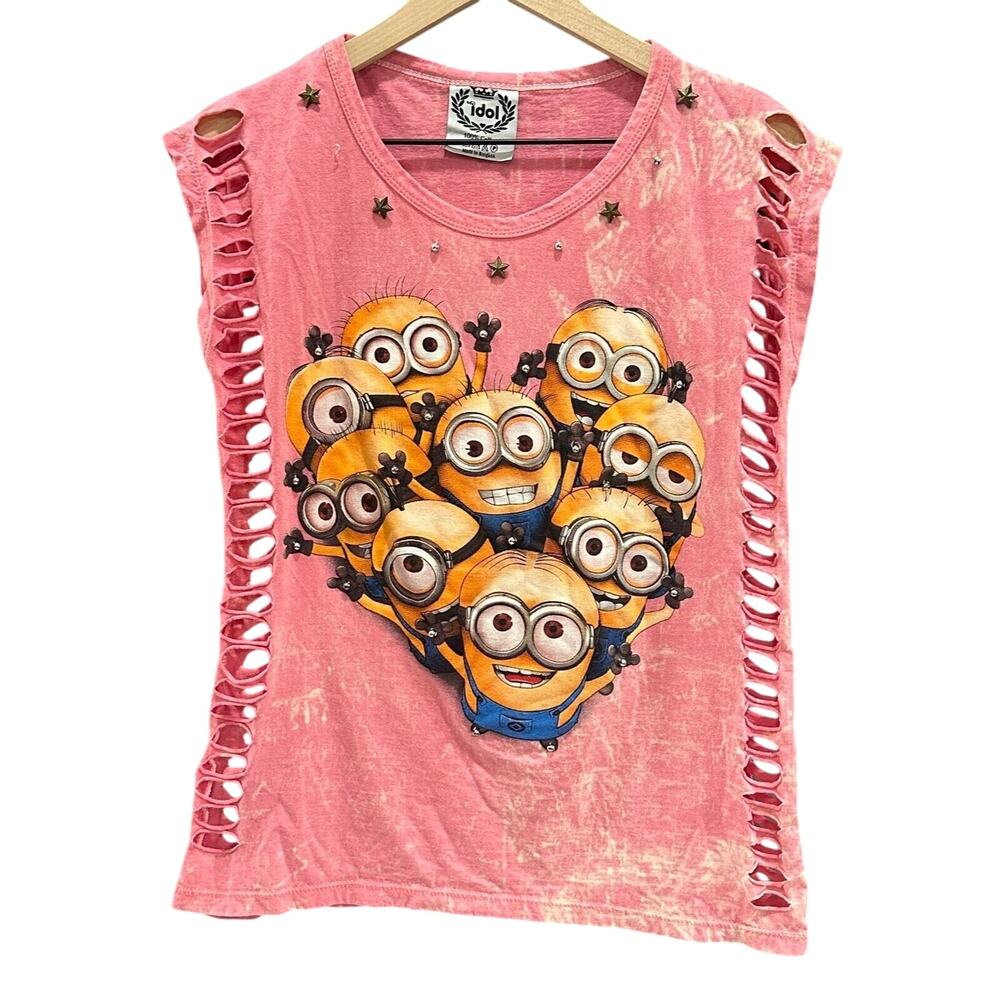 Womens Pink Minions Graphic Tee Ladder Cutout Cotton‎ Funny Shirt Size Large